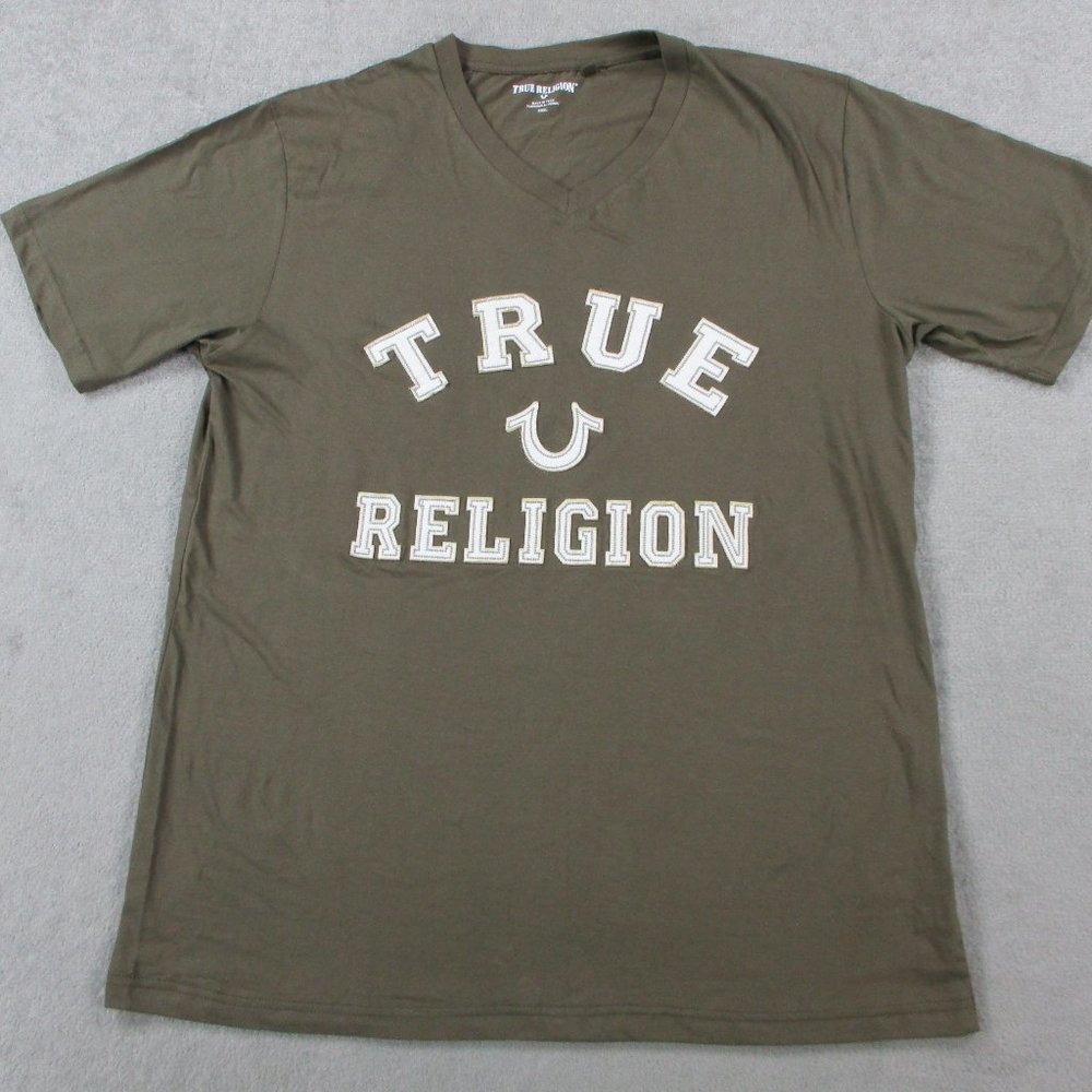 True Religion Shirt Adult 3XL XXXL Brown Embroidered Spell Out Crewneck Tee Mens